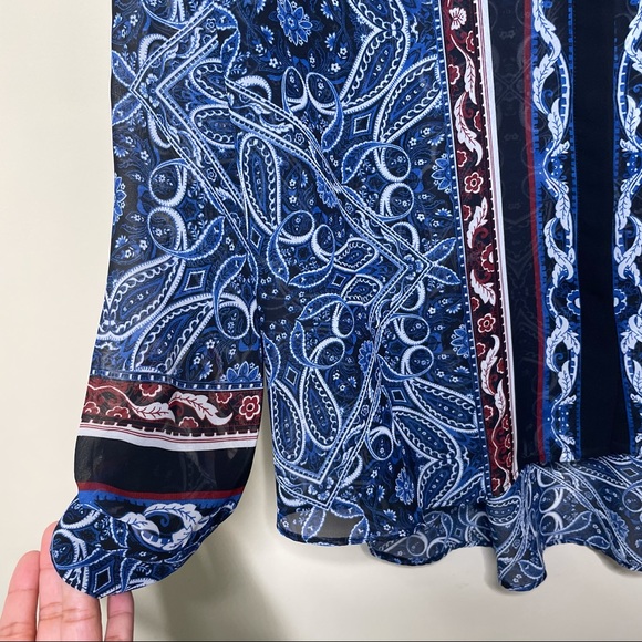 Cato Blue Red Bandana Tribal Aztec Sheer Button Up Top - Picture 3 of 9